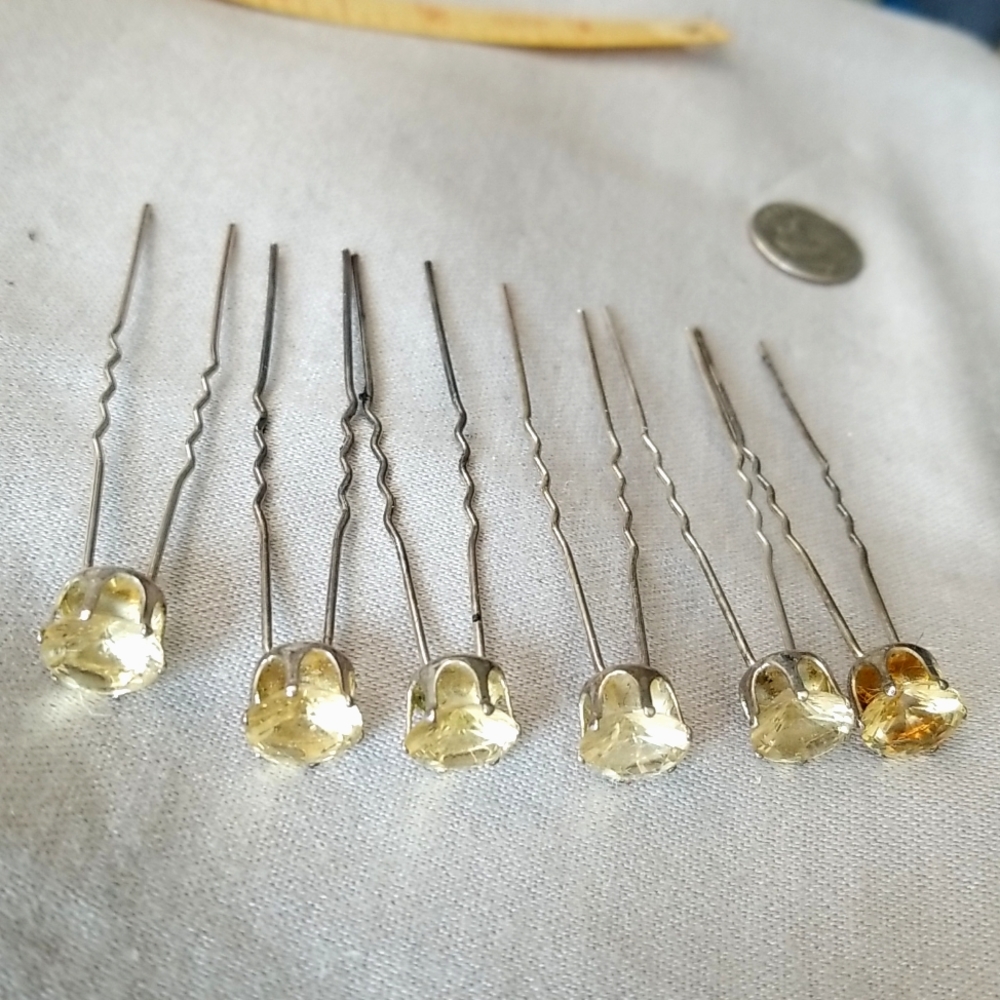 6 YELLOW RHINESTONES hair pins